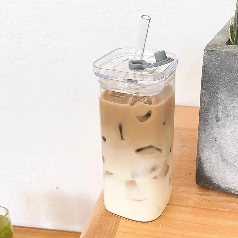 Square Coffee Glass Cup with Lid and Straw Transparent Glasses Milk Tea Juice Cups Ice Mug for Drinkware