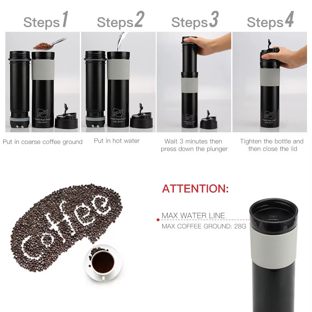 Icafilas 350ML Coffee Tea Portable French Press Coffee Maker Coffee Bottle Insulated Travel Mug Hand Pressure Coffee Pot for Car