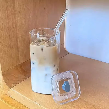 Square Coffee Glass Cup with Lid and Straw Transparent Glasses Milk Tea Juice Cups Ice Mug for Drinkware