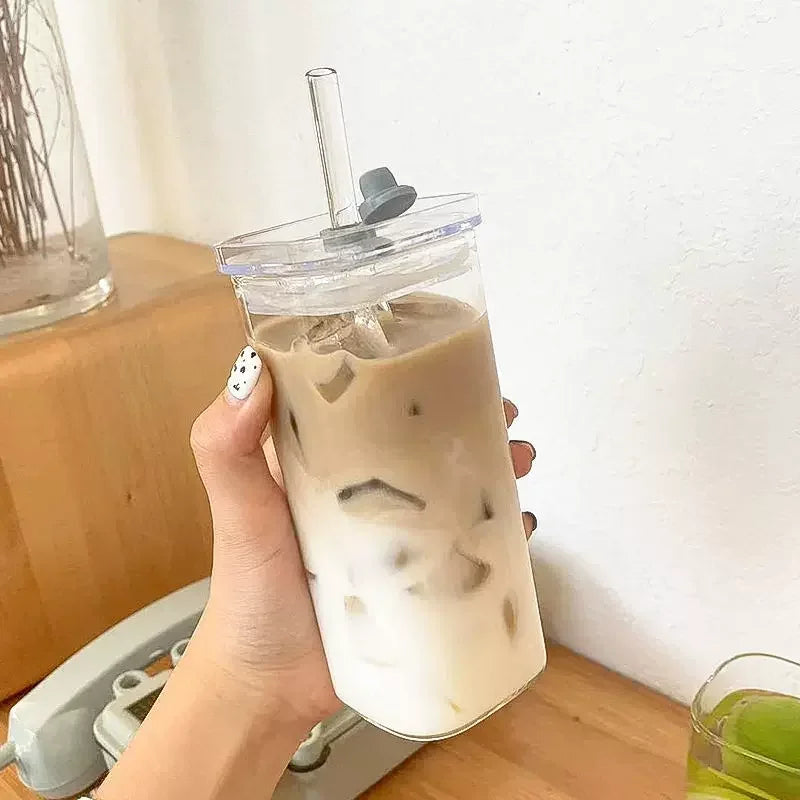 Square Coffee Glass Cup with Lid and Straw Transparent Glasses Milk Tea Juice Cups Ice Mug for Drinkware