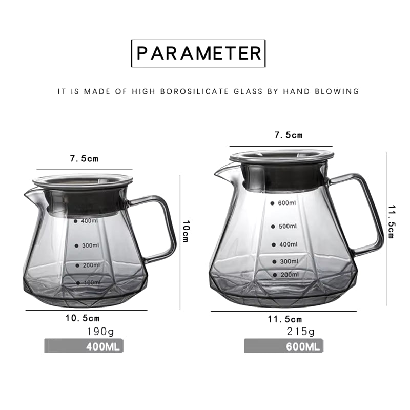 Espresso Glass Carafe Coffee Pot, Pour over Coffee Filter Kettle - 400Ml 600Ml Diamond Glass Coffee Sharing Pot