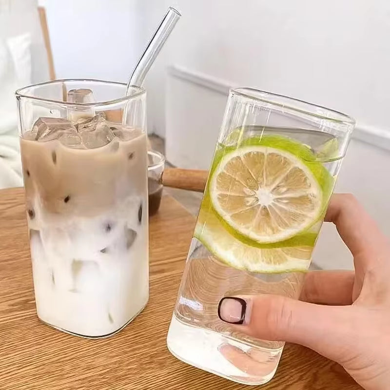 Square Coffee Glass Cup with Lid and Straw Transparent Glasses Milk Tea Juice Cups Ice Mug for Drinkware